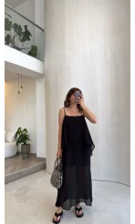 Pelerli Askılı Elbise - Siyah - Kod: 3420