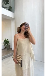 Pelerli Askılı Elbise - Taş - Kod: 3420