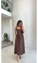 Büzgülü Kemerli Askılı Keten Elbise - Kahve - Kod: 3418