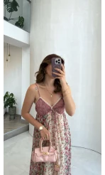 İp Askılı Çiçekli Şifon Elbise - Pembe - Kod: 580494