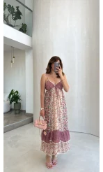 İp Askılı Çiçekli Şifon Elbise - Pembe - Kod: 580494