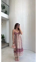 İp Askılı Çiçekli Şifon Elbise - Pembe - Kod: 580494