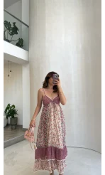 İp Askılı Çiçekli Şifon Elbise - Pembe - Kod: 580494
