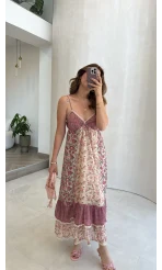 İp Askılı Çiçekli Şifon Elbise - Pembe - Kod: 580494