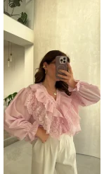 Dantel Fırfırlı Bluz - Pembe - Kod: 1077