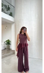 Garnili Sıfır Kol Bluz Pantolon Takım - Mürdüm - Kod: 51391
