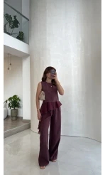 Garnili Sıfır Kol Bluz Pantolon Takım - Mürdüm - Kod: 51391