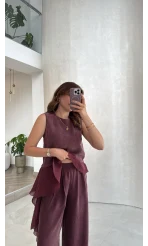 Garnili Sıfır Kol Bluz Pantolon Takım - Mürdüm - Kod: 51391