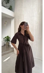 Yarım Kol Kuşaklı Gömlek Elbise - Acı Kahve - Kod: 3087