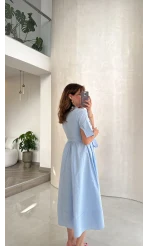Yarım Kol Kuşaklı Gömlek Elbise - Mavi - Kod: 3087