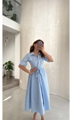 Yarım Kol Kuşaklı Gömlek Elbise - Mavi - Kod: 3087