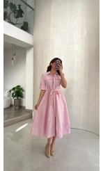 Yarım Kol Kuşaklı Gömlek Elbise - Pembe - Kod: 3087