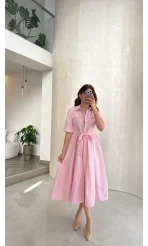Yarım Kol Kuşaklı Gömlek Elbise - Pembe - Kod: 3087