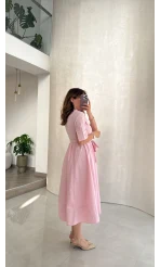 Yarım Kol Kuşaklı Gömlek Elbise - Pembe - Kod: 3087