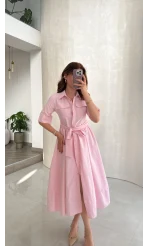 Yarım Kol Kuşaklı Gömlek Elbise - Pembe - Kod: 3087