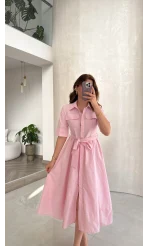 Yarım Kol Kuşaklı Gömlek Elbise - Pembe - Kod: 3087