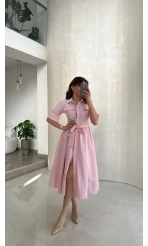 Yarım Kol Kuşaklı Gömlek Elbise - Pembe - Kod: 3087