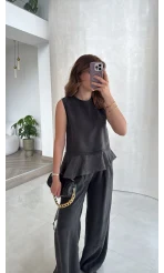 Garnili Sıfır Kol Bluz Pantolon Takım - Siyah - Kod: 51391