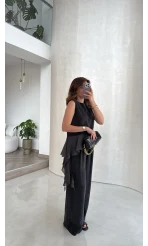 Garnili Sıfır Kol Bluz Pantolon Takım - Siyah - Kod: 51391