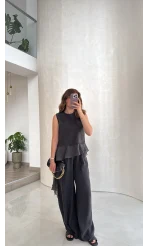 Garnili Sıfır Kol Bluz Pantolon Takım - Siyah - Kod: 51391