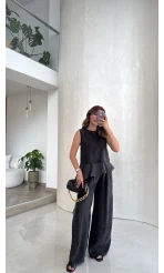 Garnili Sıfır Kol Bluz Pantolon Takım - Siyah - Kod: 51391
