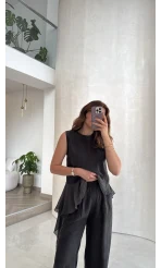 Garnili Sıfır Kol Bluz Pantolon Takım - Siyah - Kod: 51391