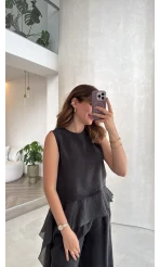 Garnili Sıfır Kol Bluz Pantolon Takım - Siyah - Kod: 51391