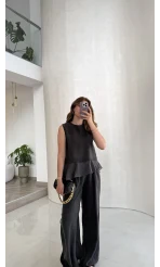 Garnili Sıfır Kol Bluz Pantolon Takım - Siyah - Kod: 51391