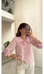 Dantelli Bebe Yaka Gömlek - Pembe - Kod: 2263