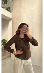 Dantelli Bebe Yaka Gömlek - Acı Kahve - Kod: 2263