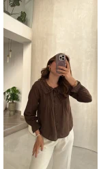 Dantelli Bebe Yaka Gömlek - Acı Kahve - Kod: 2263