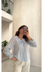 Dantelli Bebe Yaka Gömlek - Bebe Mavisi - Kod: 2263