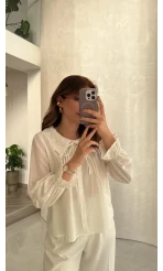 Dantelli Bebe Yaka Gömlek - Ekru - Kod: 2263