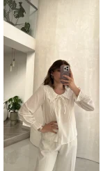 Dantelli Bebe Yaka Gömlek - Ekru - Kod: 2263