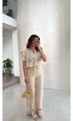 Bej Nakışlı Keten Pantolon Bluz Takım - Kod: 3032