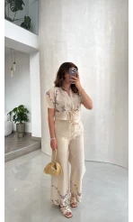 Bej Nakışlı Keten Pantolon Bluz Takım - Kod: 3032