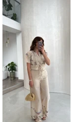 Bej Nakışlı Keten Pantolon Bluz Takım - Kod: 3032