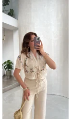 Bej Nakışlı Keten Pantolon Bluz Takım - Kod: 3032