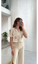 Bej Nakışlı Keten Pantolon Bluz Takım - Kod: 3032