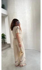 Bej Nakışlı Keten Pantolon Bluz Takım - Kod: 3032