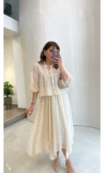 Dokulu Şifon Etek-Gömlek Takım - Taş - Kod: 2305 5093