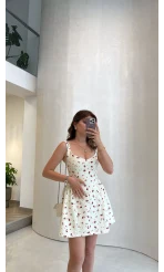 Çiçekli Beli Büzgülü Askılı Mini Elbise - Ekru - Kod: 8282