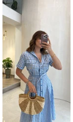 Pötikareli Bağcıklı Elbise - Mavi - Kod: 8266