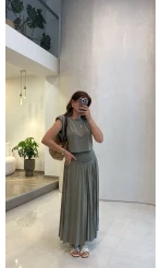 Alice Beli Büzgülü Etek Bluz Takım - Haki - Kod: 580969