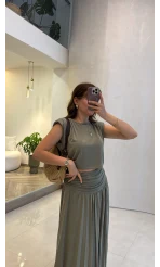 Alice Beli Büzgülü Etek Bluz Takım - Haki - Kod: 580969