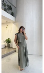 Alice Beli Büzgülü Etek Bluz Takım - Haki - Kod: 580969