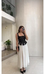 Puantiye Desenli Askılı Korse Bluz - Siyah - Kod: 58559