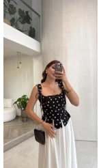 Puantiye Desenli Askılı Korse Bluz - Siyah - Kod: 58559