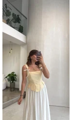 Korse Detay Askılı Crop Bluz - Sarı - Kod: 580930