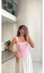 Korse Detay Askılı Crop Bluz - Pembe - Kod: 580930